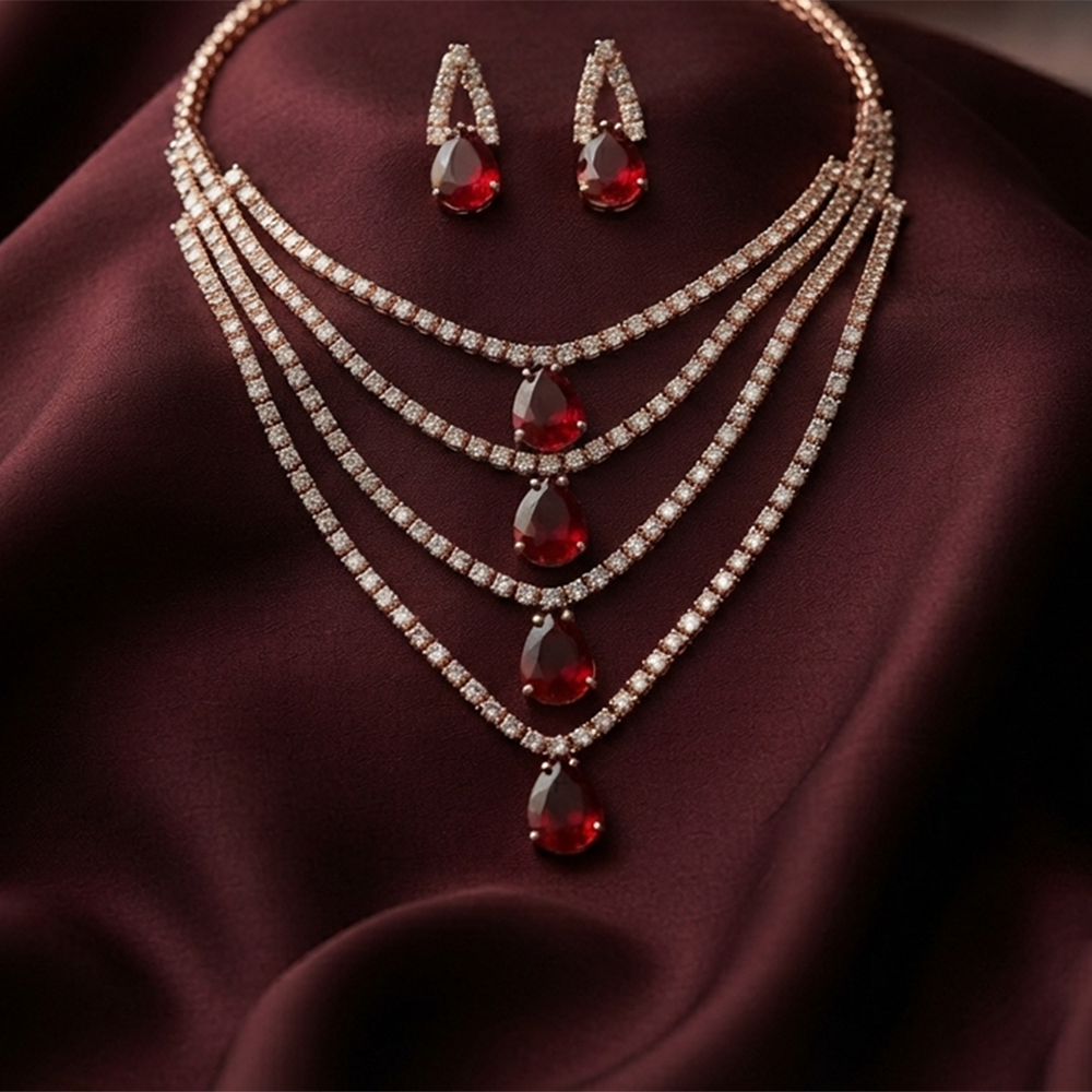 The99Jewel Elegant Rose Gold Plated Crystal Stone 4 Layer Necklace Set for Women