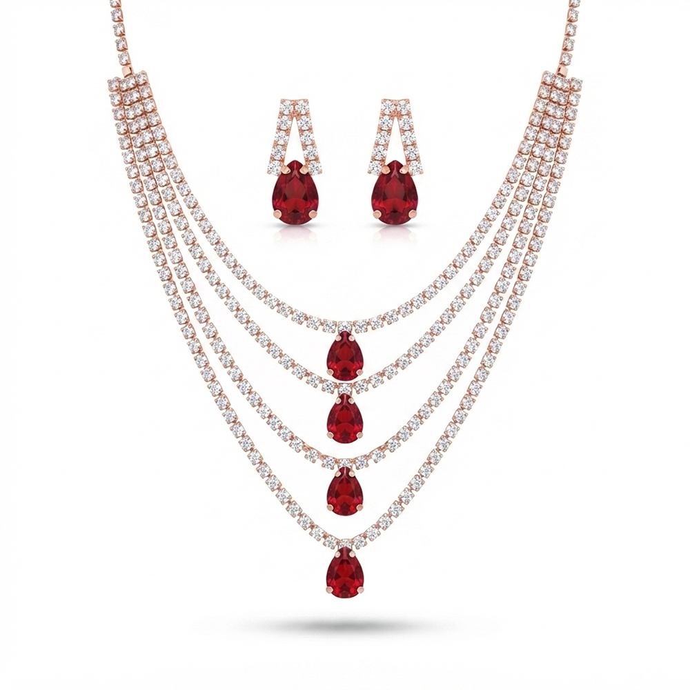 The99Jewel Elegant Rose Gold Plated Crystal Stone 4 Layer Necklace Set for Women