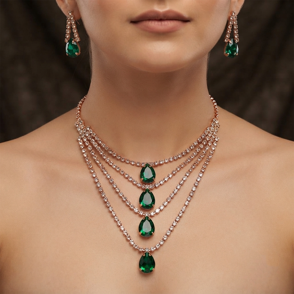 The99Jewel Elegant Rose Gold Plated Crystal Stone 4 Layer Necklace Set for Women