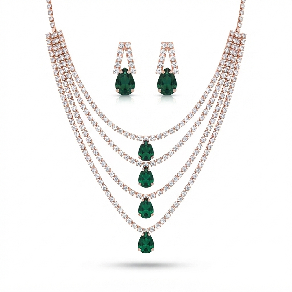 The99Jewel Elegant Rose Gold Plated Crystal Stone 4 Layer Necklace Set for Women