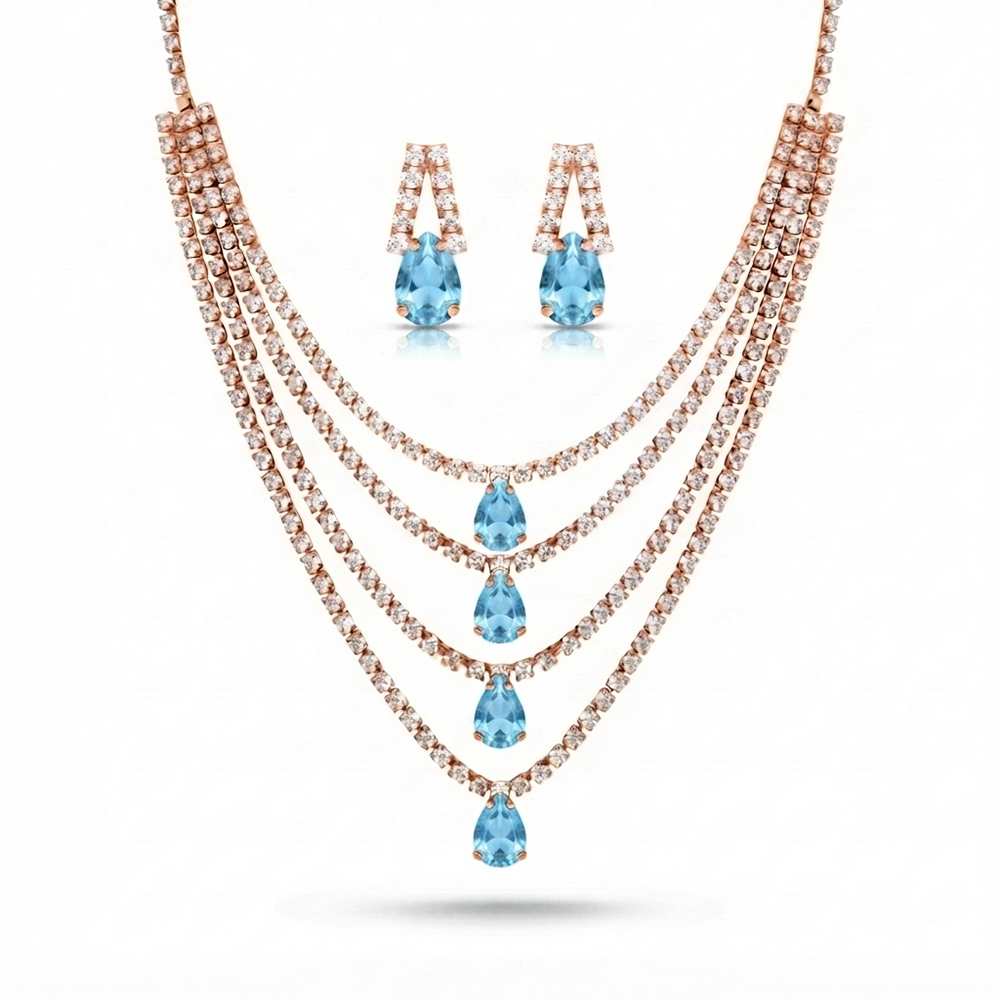 The99Jewel Elegant Rose Gold Plated Crystal Stone 4 Layer Necklace Set for Women