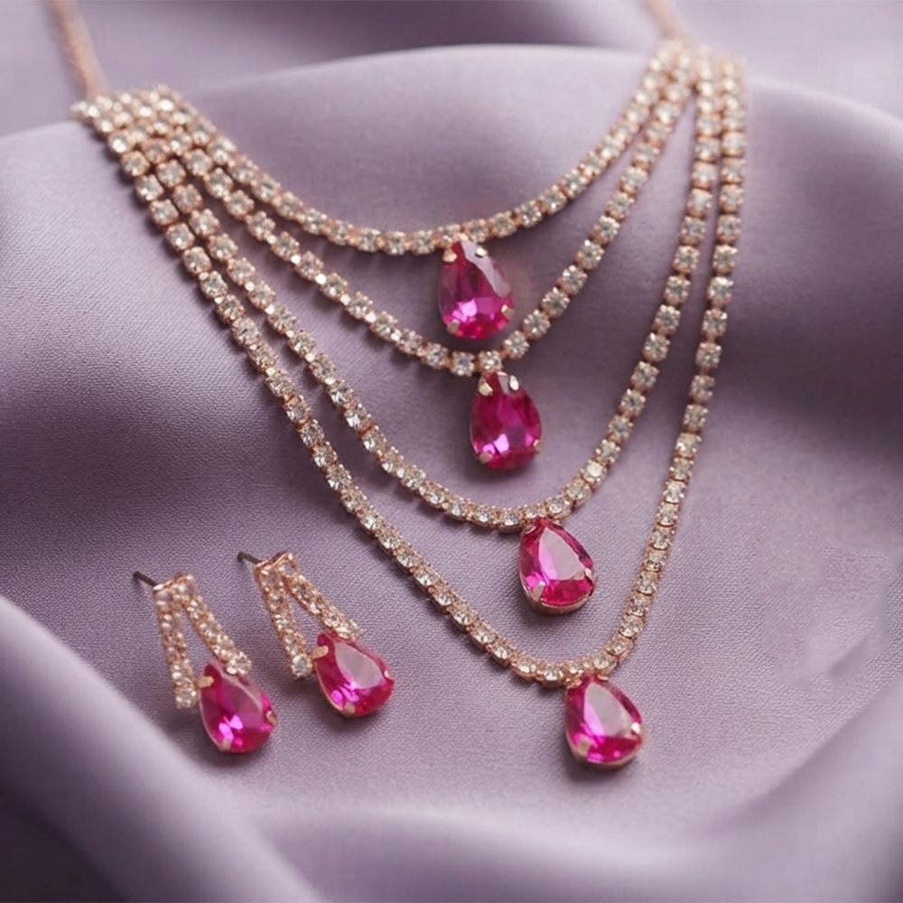The99Jewel Elegant Rose Gold Plated Crystal Stone 4 Layer Necklace Set for Women