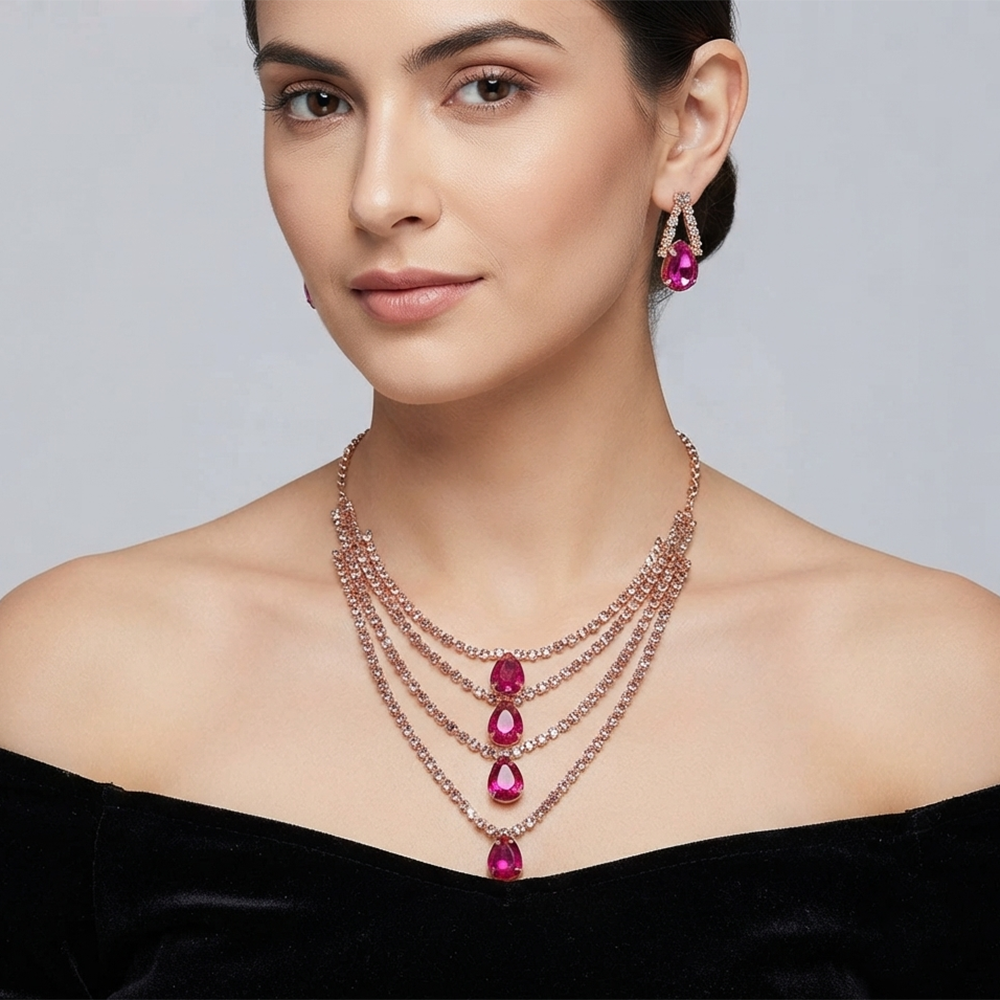 The99Jewel Elegant Crystal Stone 4 Layer Necklace Set for Women