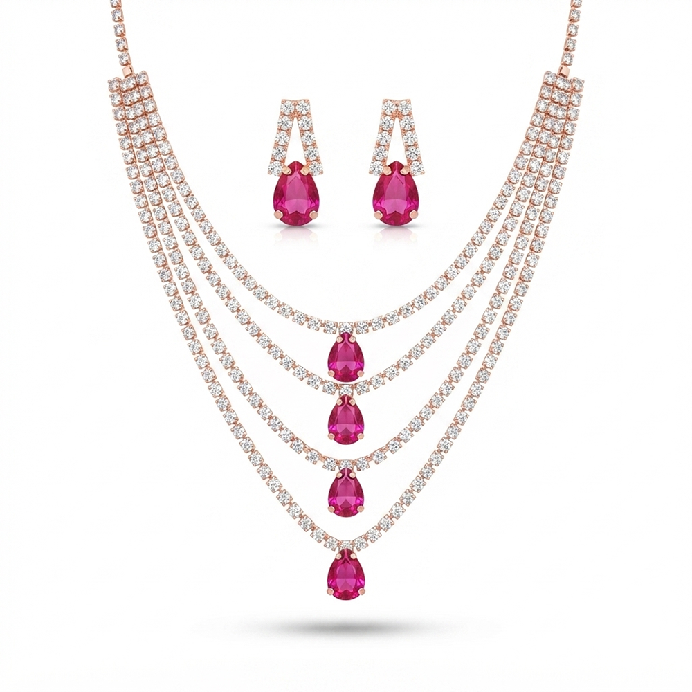 The99Jewel Elegant Rose Gold Plated Crystal Stone 4 Layer Necklace Set for Women