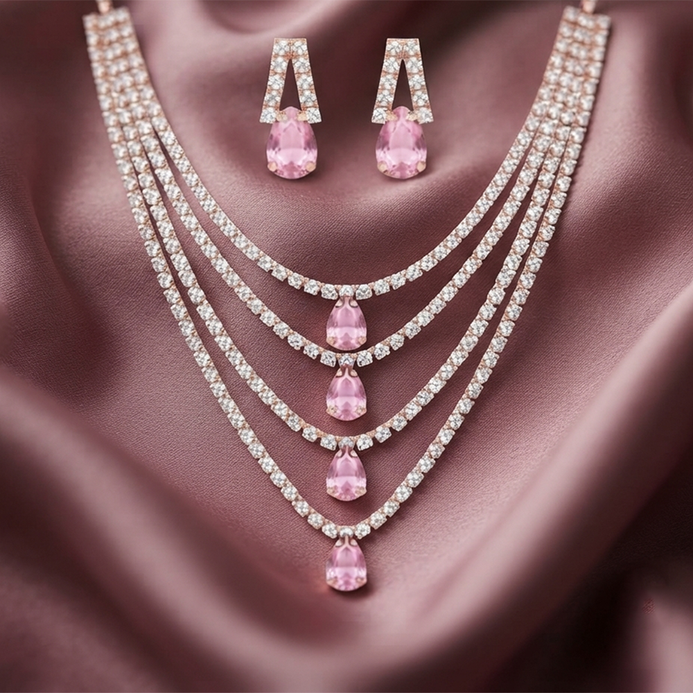 The99Jewel Elegant Rose Gold Plated Crystal Stone 4 Layer Necklace Set for Women