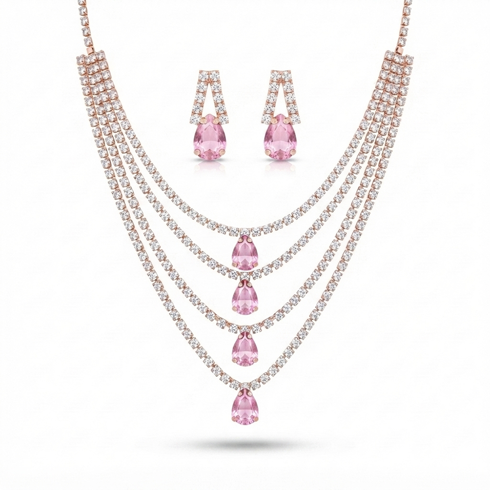The99Jewel Elegant Rose Gold Plated Crystal Stone 4 Layer Necklace Set for Women
