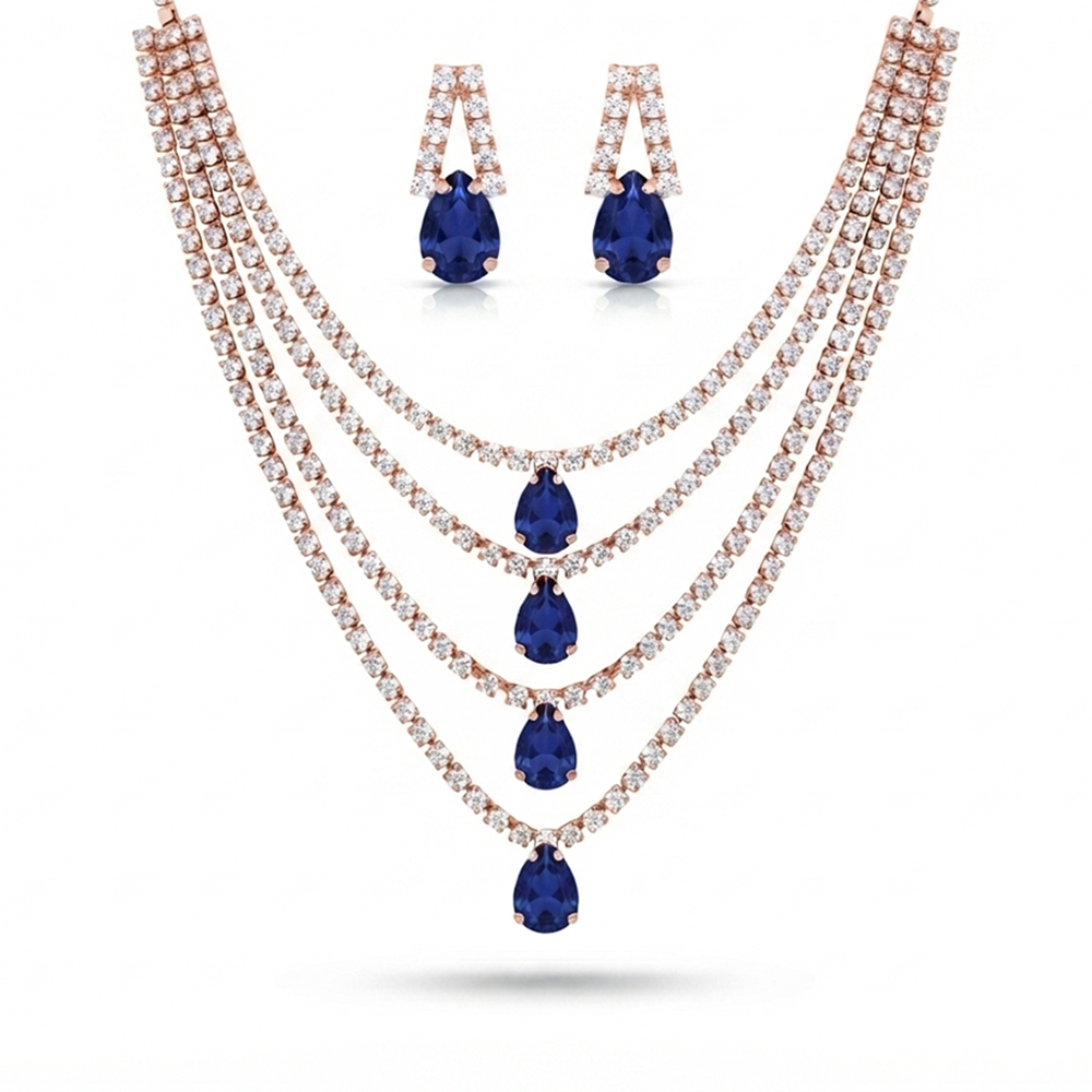 The99Jewel Elegant Rose Gold Plated Crystal Stone 4 Layer Necklace Set for Women