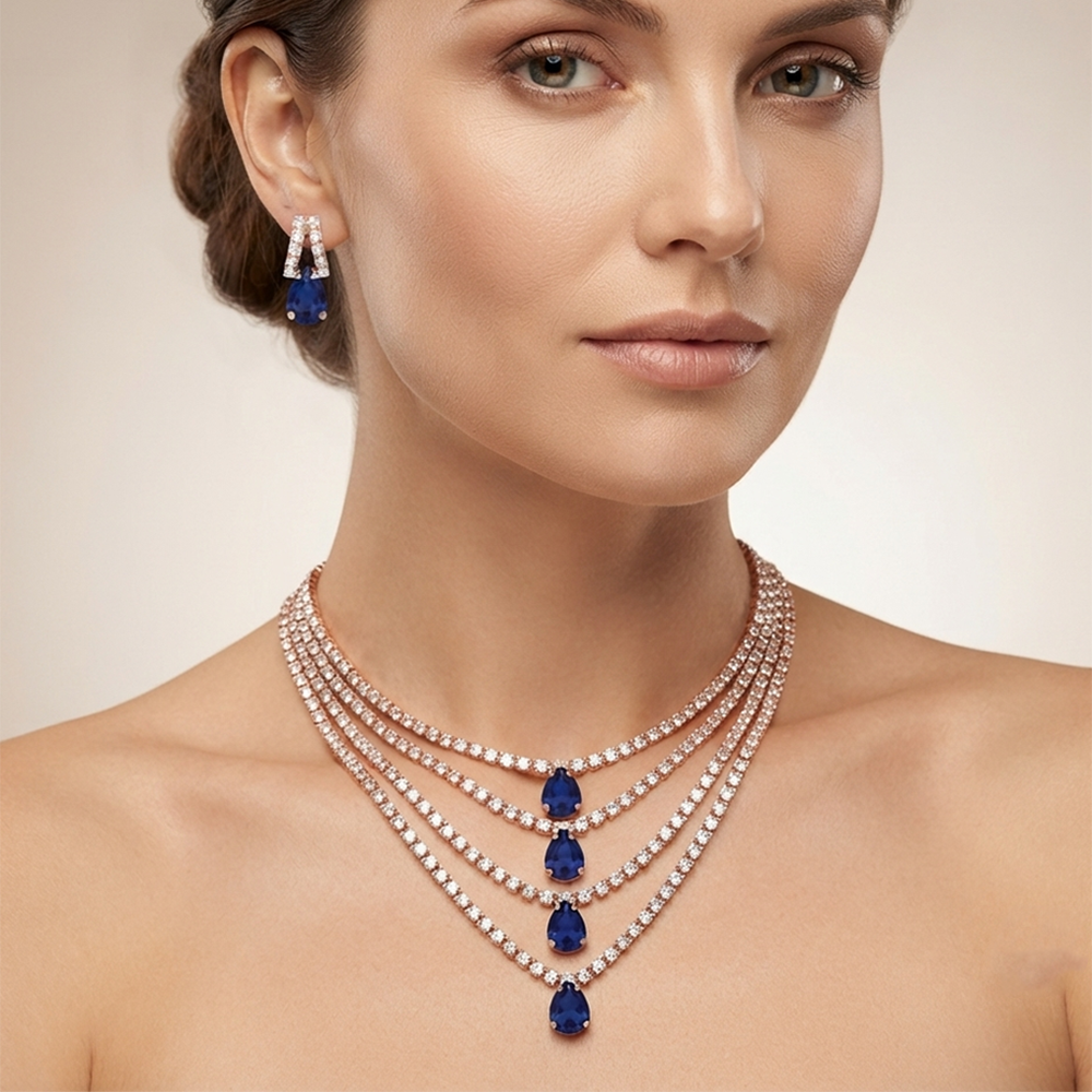 The99Jewel Elegant Rose Gold Plated Crystal Stone 4 Layer Necklace Set for Women