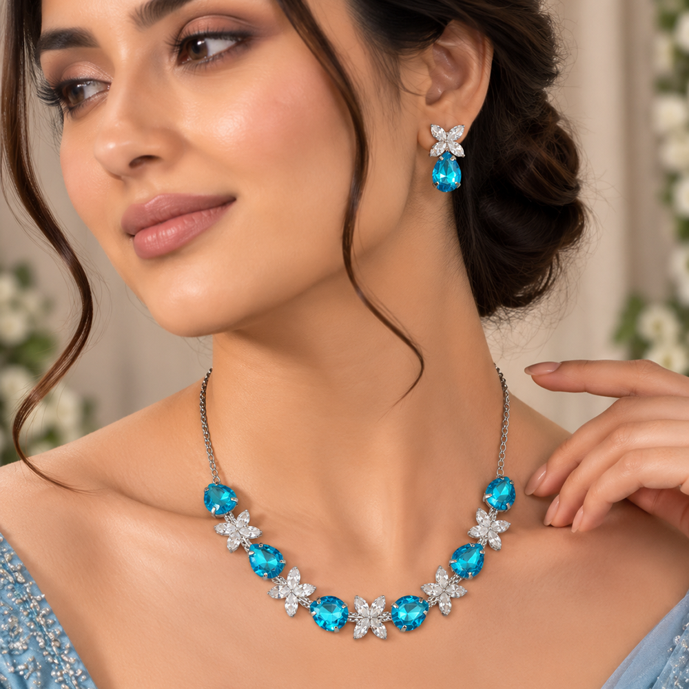 The99Jewel Silver Plated Crystal Stone Necklace Set for Women Elegant Fashion Jewellery