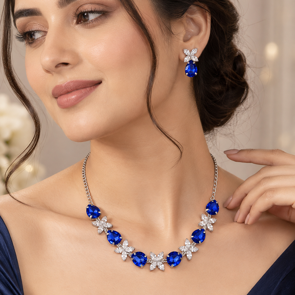 The99Jewel Silver Plated Crystal Stone Necklace Set for Women Elegant Fashion Jewellery