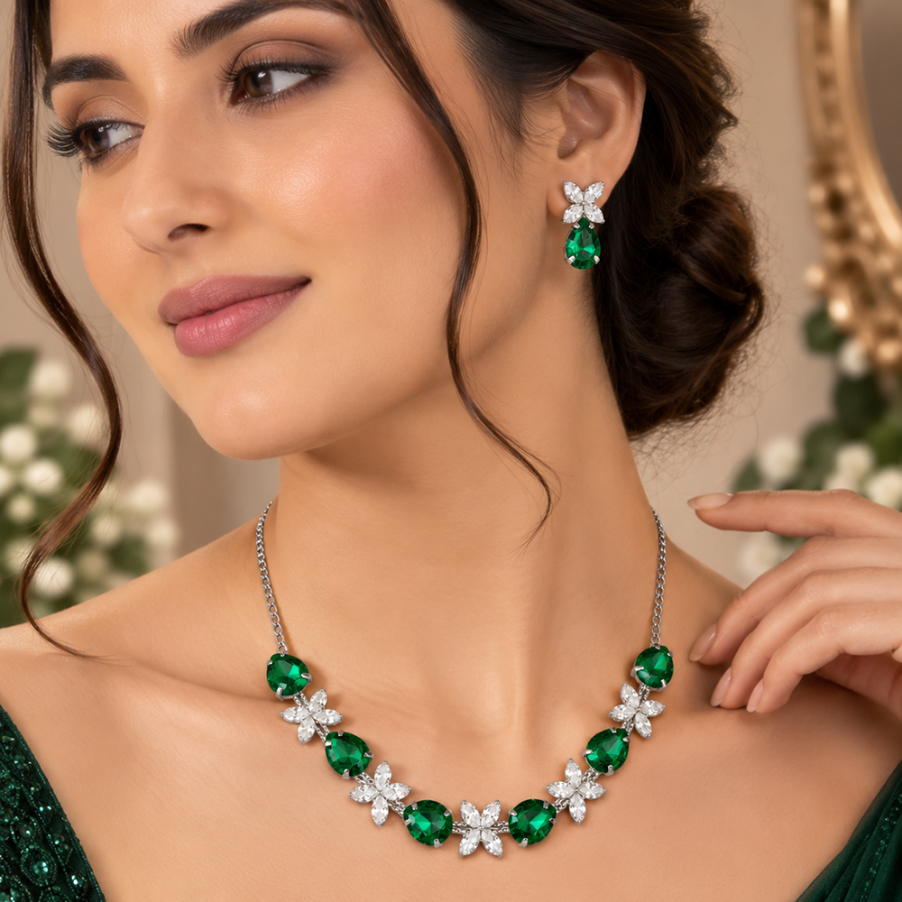 The99Jewel Silver Plated Crystal Stone Necklace Set for Women Elegant Fashion Jewellery