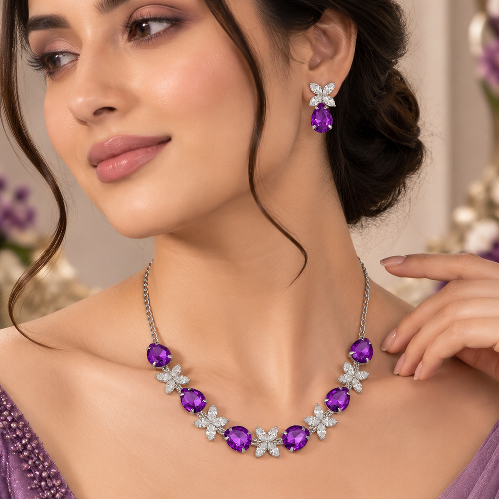 The99Jewel Silver Plated Crystal Stone Necklace Set for Women Elegant Fashion Jewellery