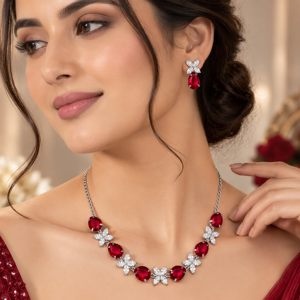 The99Jewel Silver Plated Crystal Stone Necklace Set for Women Elegant Fashion Jewellery