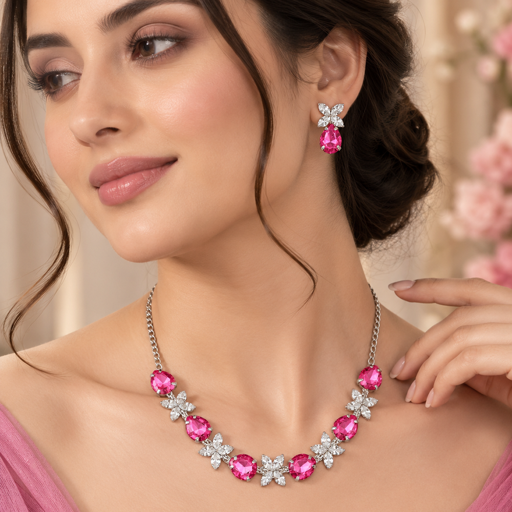 The99Jewel Silver Plated Crystal Stone Necklace Set for Women Elegant Fashion Jewellery