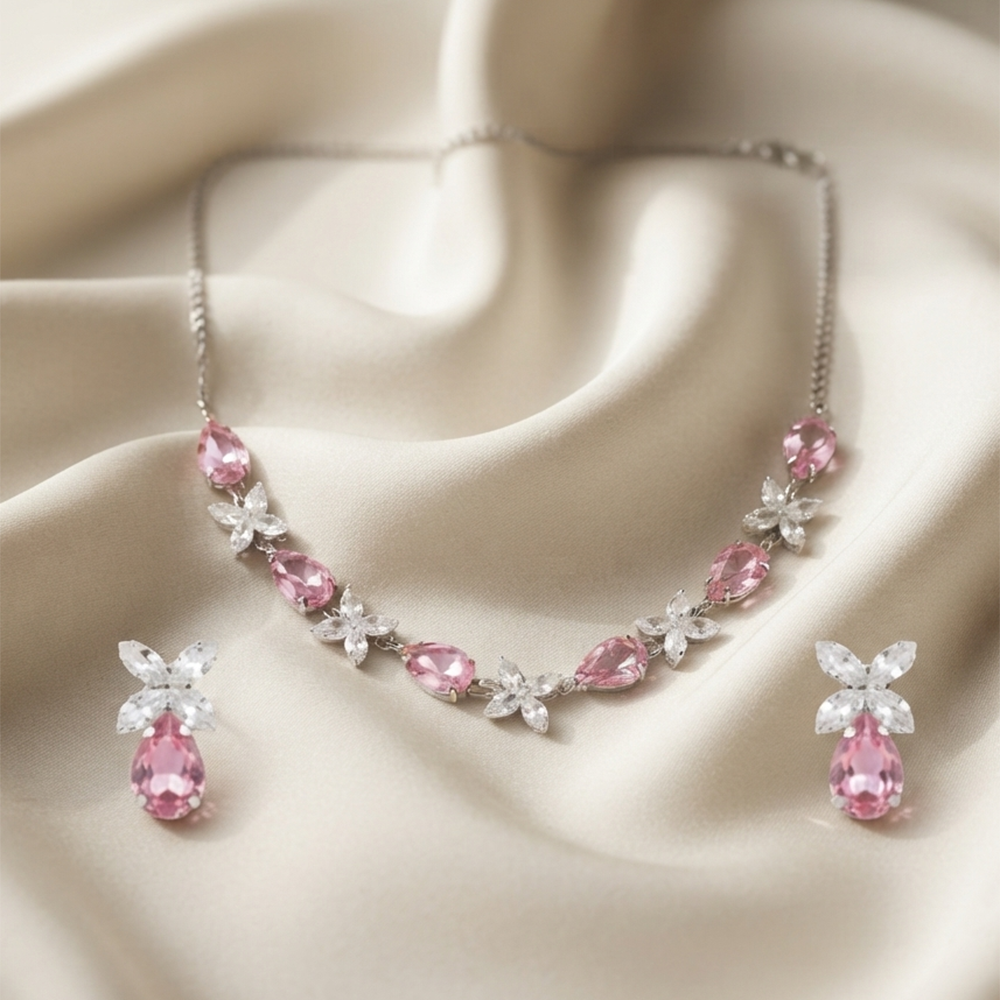 The99Jewel Elegant Silver Plated Crystal Stone Necklace Set for Women