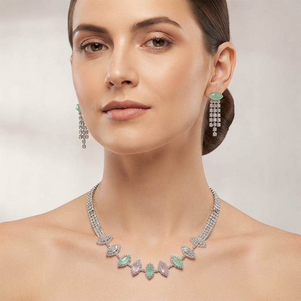 The99Jewel Elegant Silver Plated Crystal Stone Necklace Set for Women