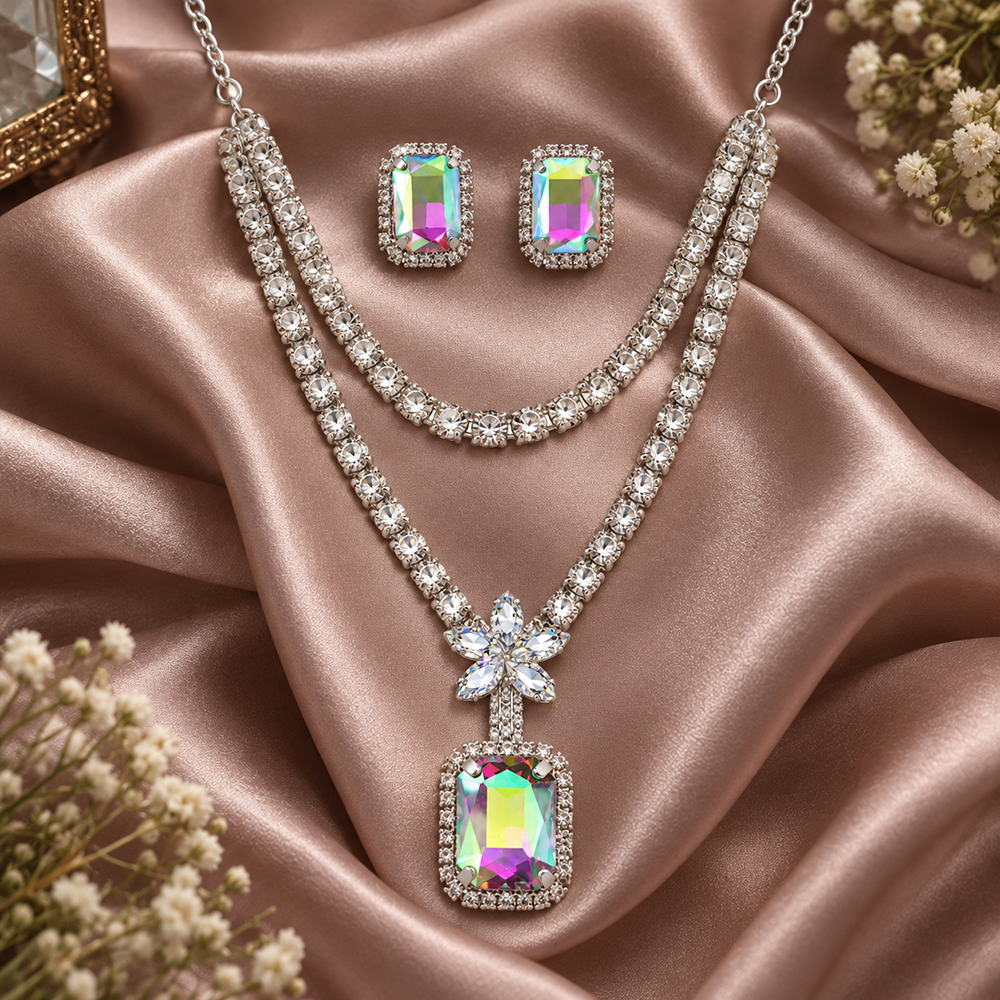The99Jewel Glamorous Silver Plated Crystal Stone Necklace Set for Party & Festive Wear
