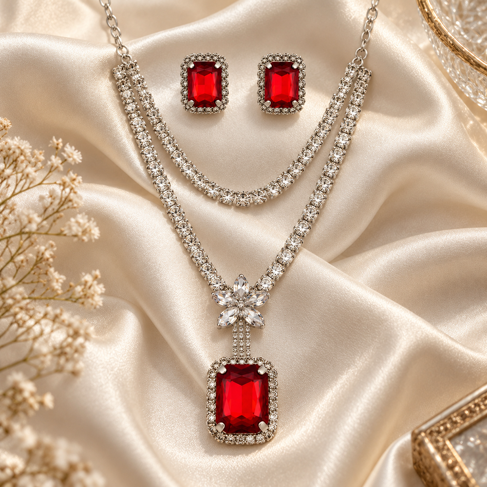 The99Jewel Glamorous Silver Plated Crystal Stone Necklace Set for Party & Festive Wear