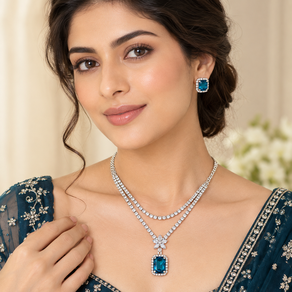 The99Jewel Glamorous Silver Plated Crystal Stone Necklace Set for Party & Festive Wear
