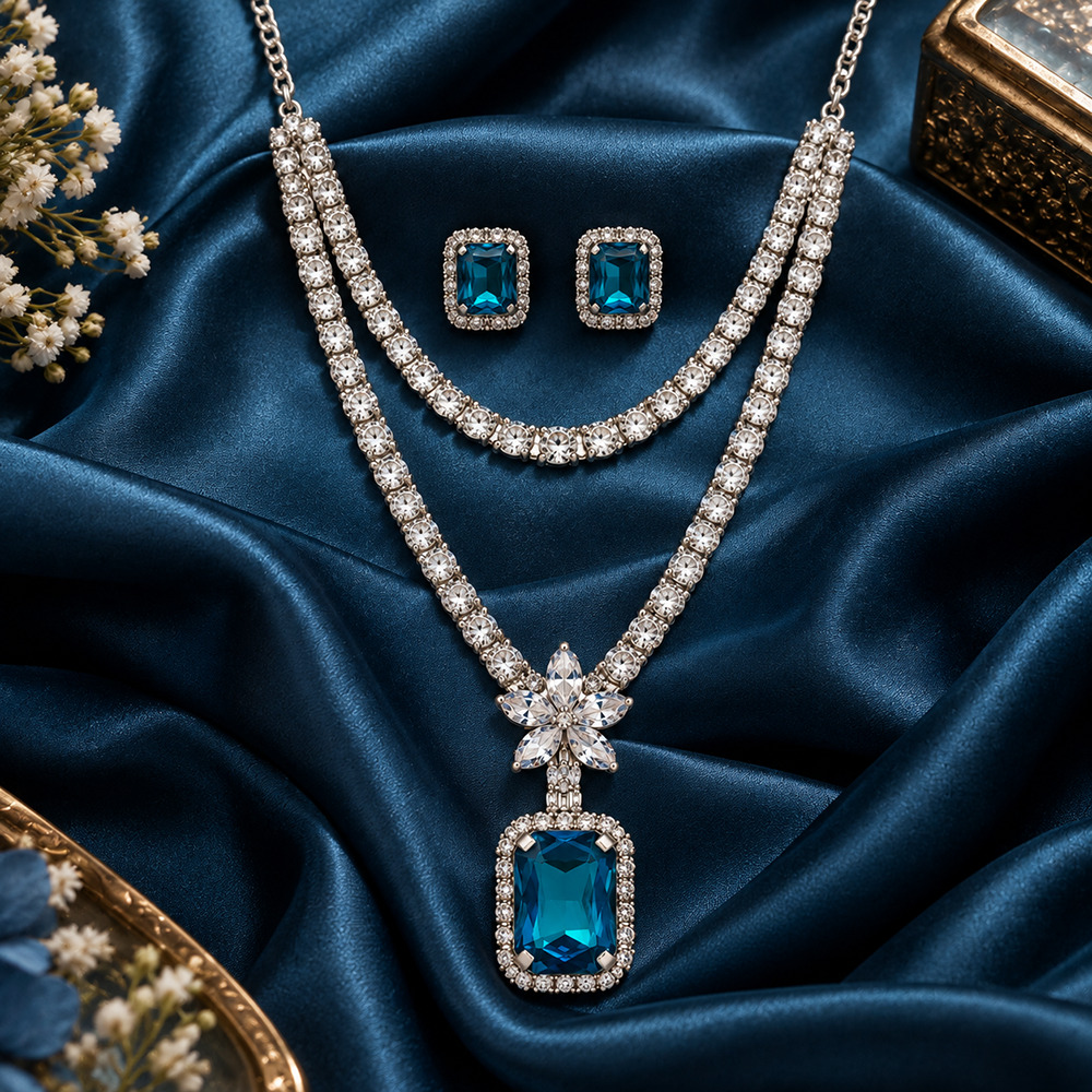 The99Jewel Glamorous Silver Plated Crystal Stone Necklace Set for Party & Festive Wear