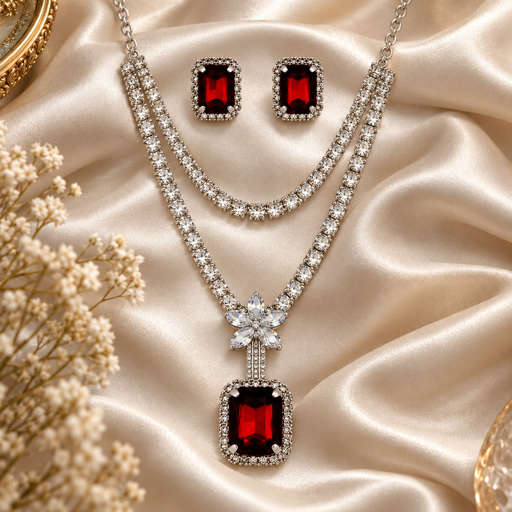 The99Jewel Glamorous Silver Plated Crystal Stone Necklace Set for Party & Festive Wear