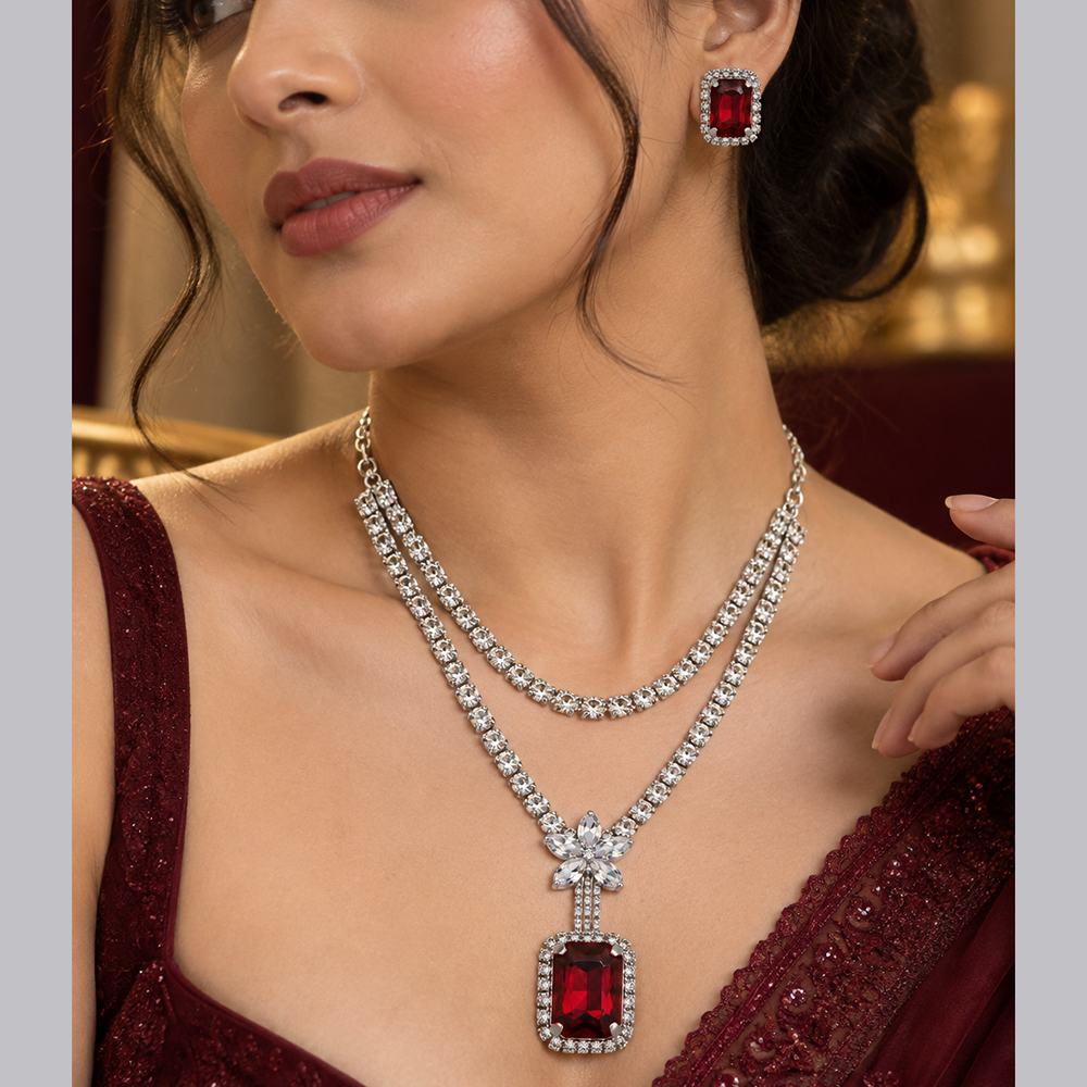 The99Jewel Glamorous Silver Plated Crystal Stone Necklace Set for Party & Festive Wear