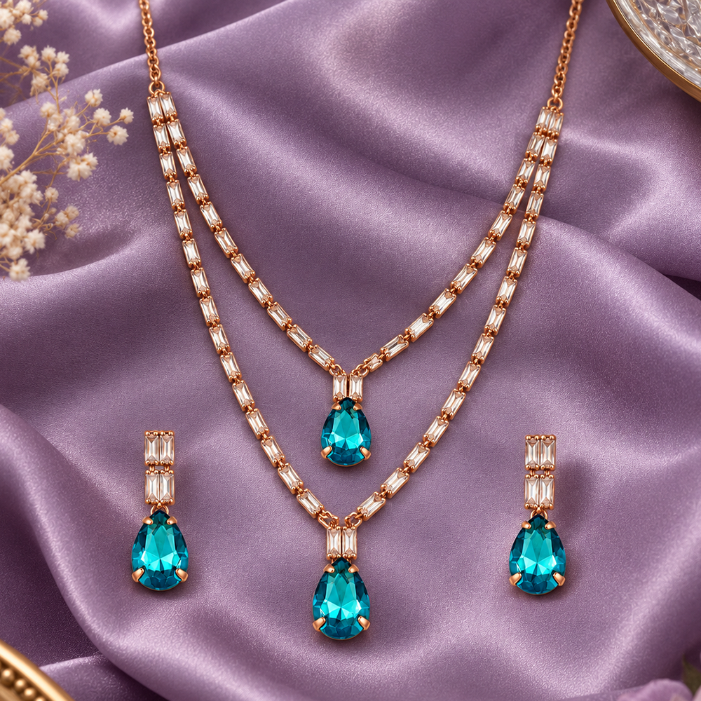 The99Jewel Glamorous Rose Gold Plated Crystal Stone Necklace Set for Party & Festive Wear