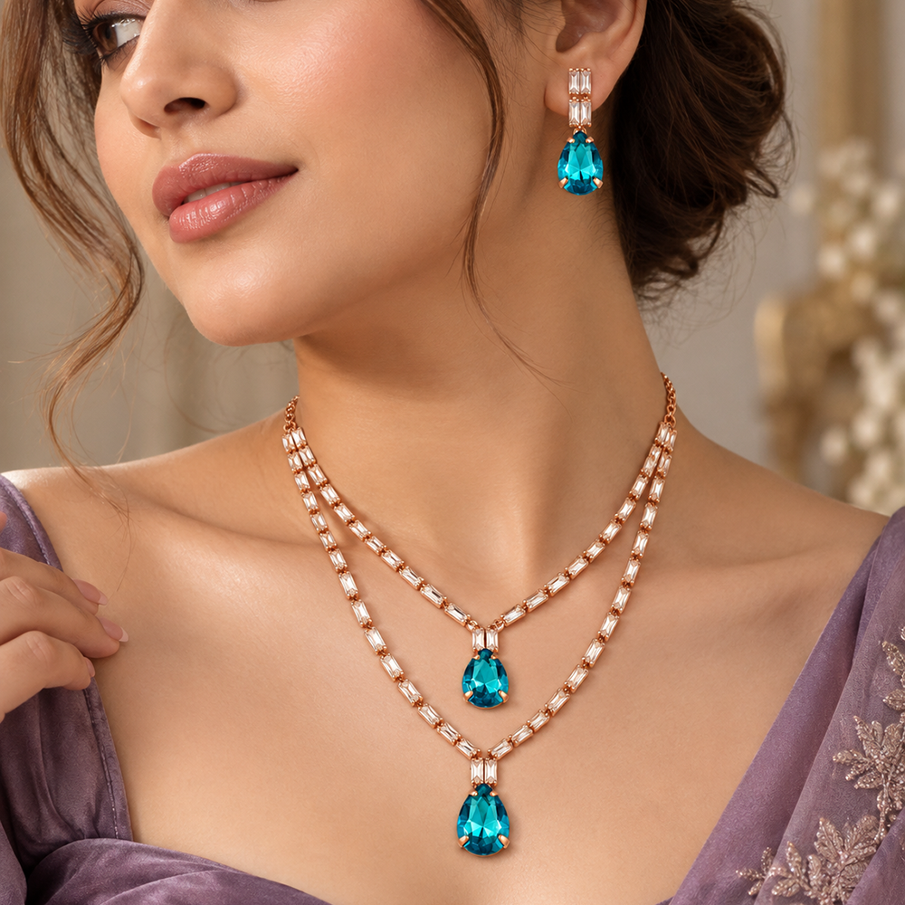 The99Jewel Glamorous Rose Gold Plated Crystal Stone Necklace Set for Party & Festive Wear