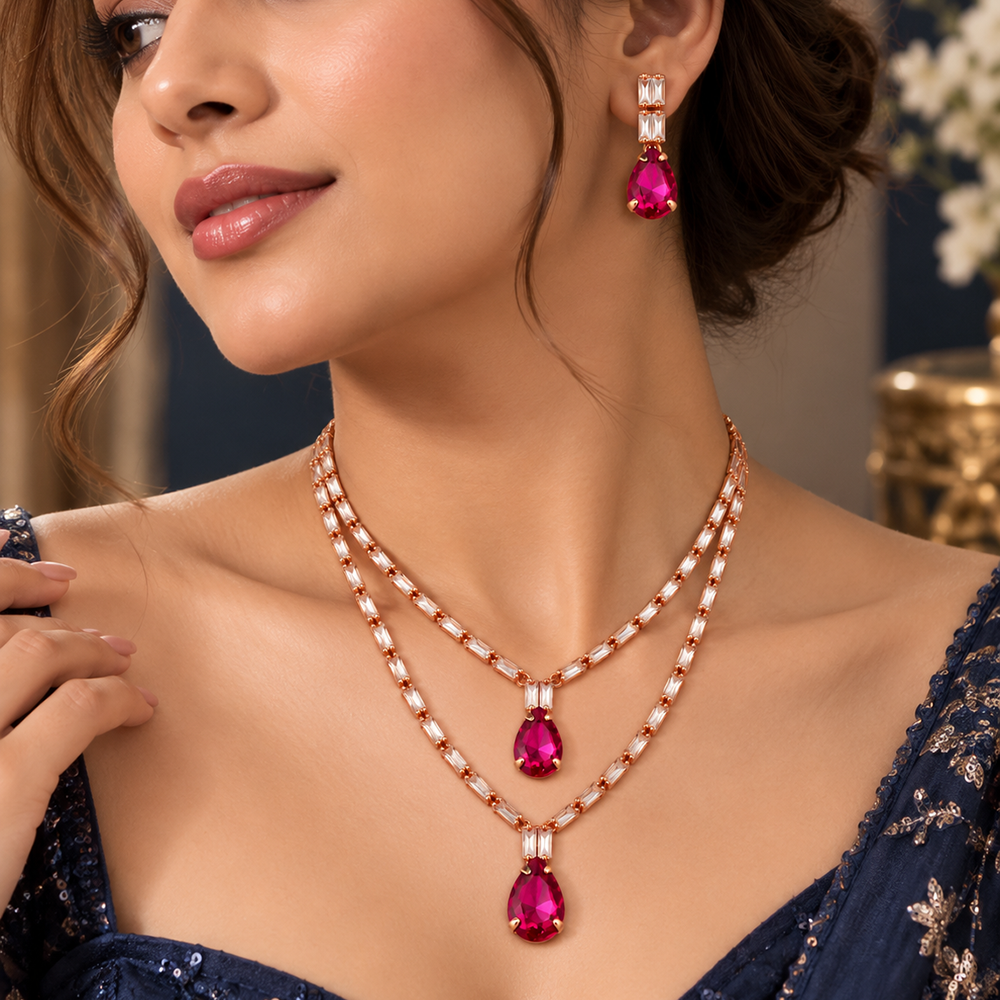 The99Jewel Glamorous Rose Gold Plated Crystal Stone Necklace Set for Party & Festive Wear