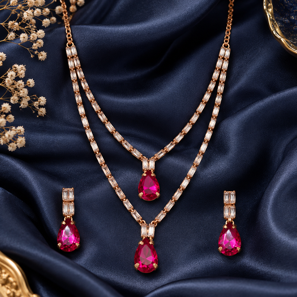 The99Jewel Glamorous Rose Gold Plated Crystal Stone Necklace Set for Party & Festive Wear