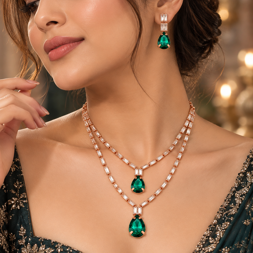 The99Jewel Glamorous Rose Gold Plated Crystal Stone Necklace Set for Party & Festive Wear