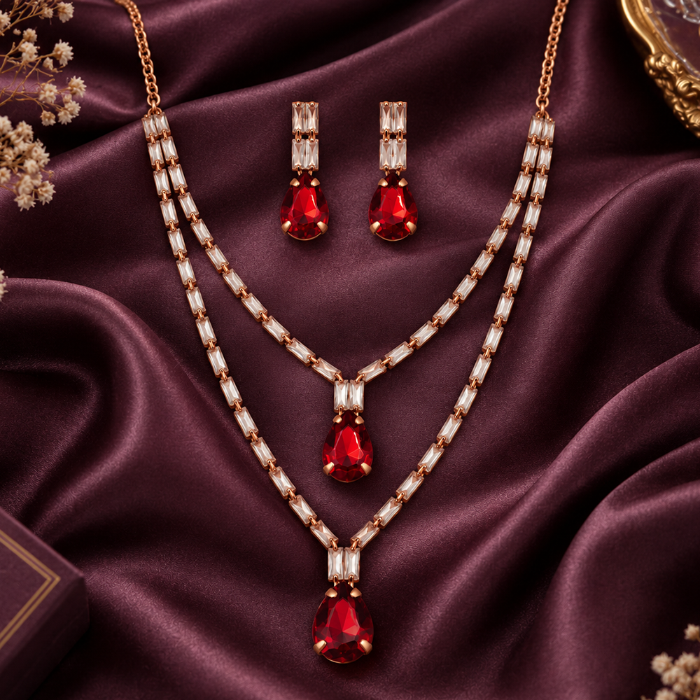 The99Jewel Glamorous Rose Gold Plated Crystal Stone Necklace Set for Party & Festive Wear