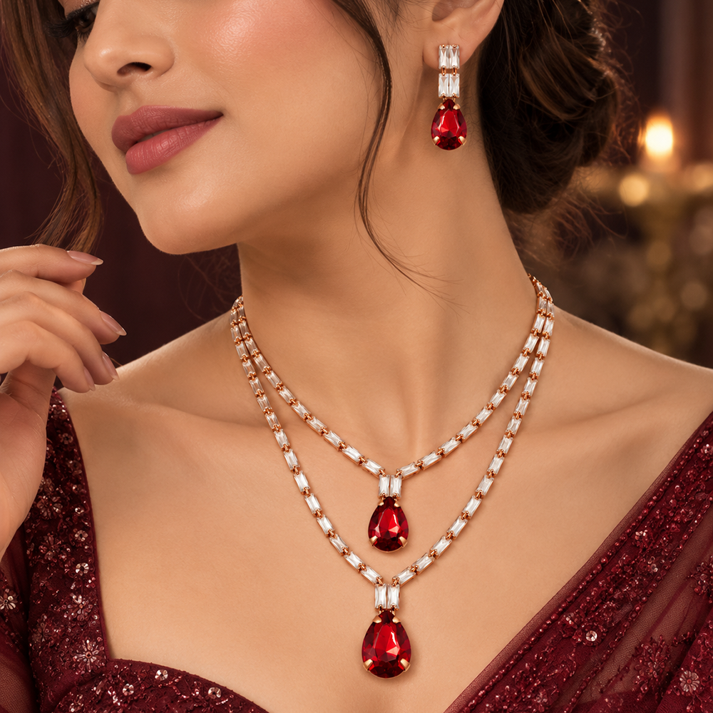 The99Jewel Glamorous Rose Gold Plated Crystal Stone Necklace Set for Party & Festive Wear