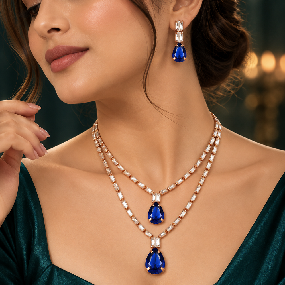 The99Jewel Glamorous Rose Gold Plated Crystal Stone Necklace Set for Party & Festive Wear