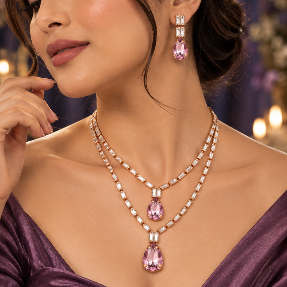 The99Jewel Glamorous Rose Gold Plated Crystal Stone Necklace Set for Party & Festive Wear