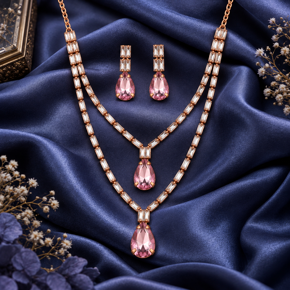 The99Jewel Glamorous Rose Gold Plated Crystal Stone Necklace Set for Party & Festive Wear
