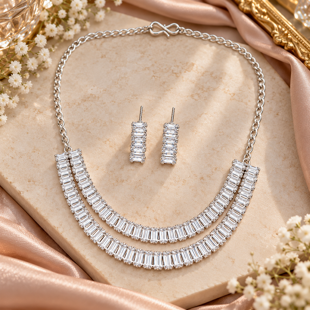 The99Jewel Crystal Stone Silver Plated Necklace Set with Matching Drop Earrings