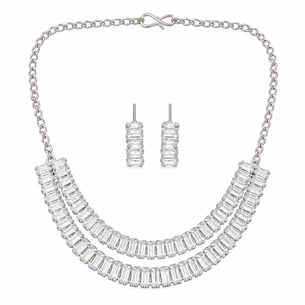 The99Jewel Crystal Stone Silver Plated Necklace Set with Matching Drop Earrings