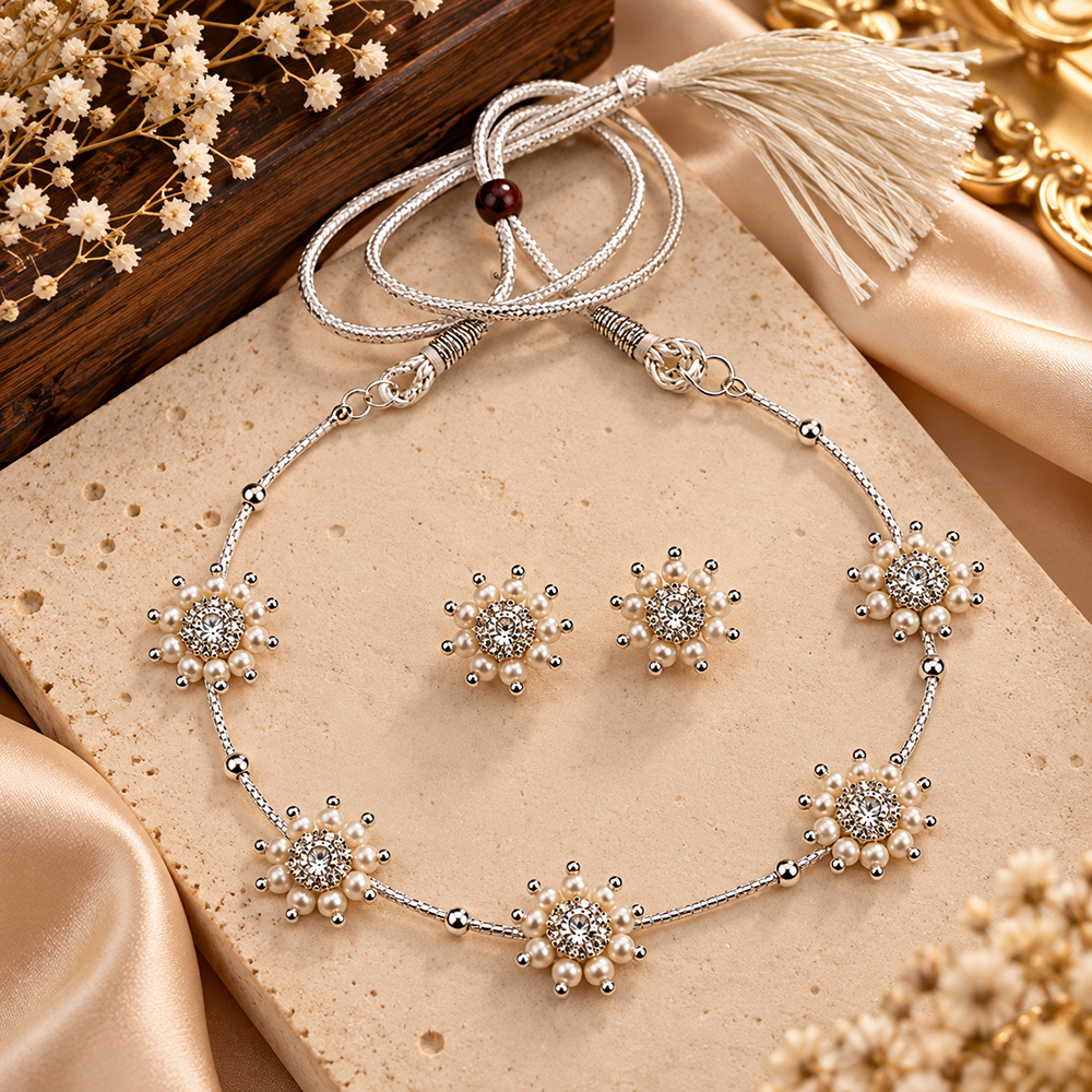 The99Jewel Sparkling Silver Plated Austrian Stone and pearl Necklace set 