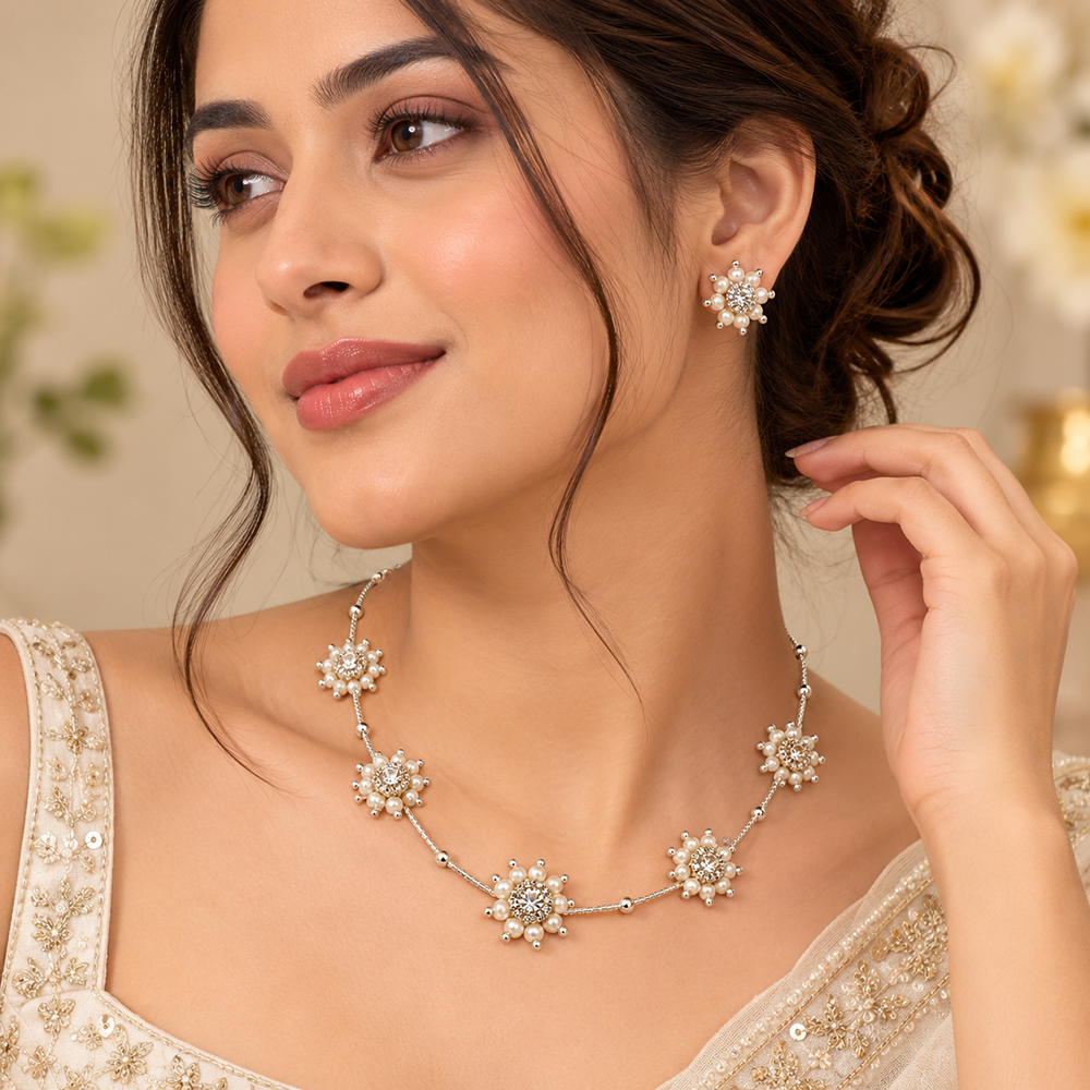 The99Jewel Sparkling Silver Plated Austrian Stone and pearl Necklace set