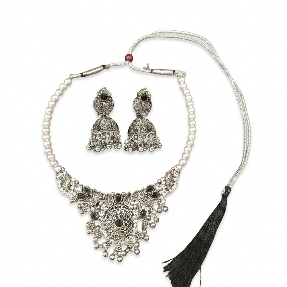 The99Jewel Oxidised Silver Stone Necklace Set with Jhumka Earrings for Women-1116601A