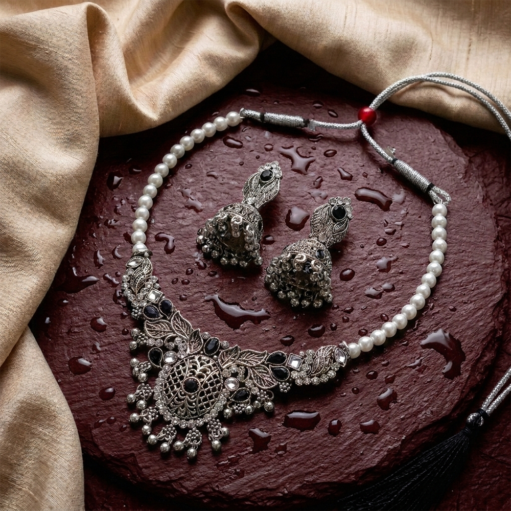 The99Jewel Oxidised Silver Stone Necklace Set with Jhumka Earrings for Women-1116601A