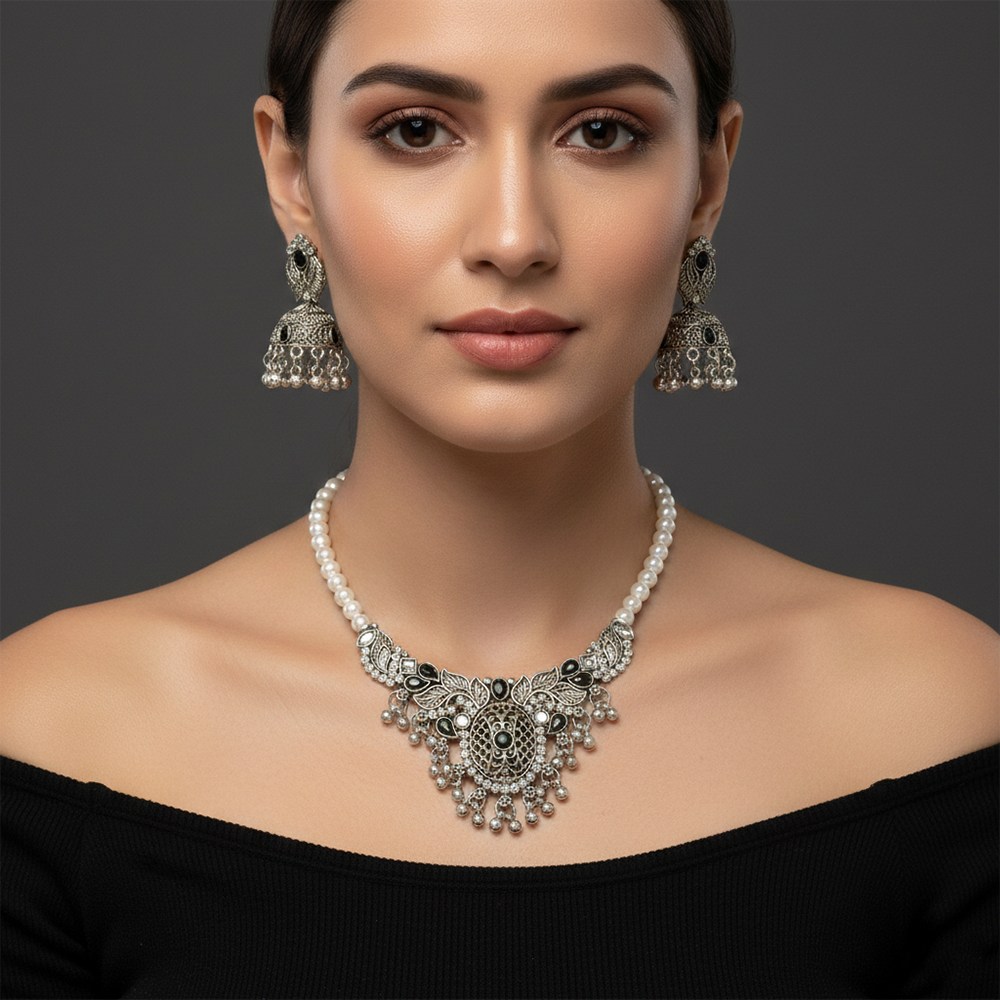The99Jewel Oxidised Silver Stone Necklace Set with Jhumka Earrings for Women-1116601A