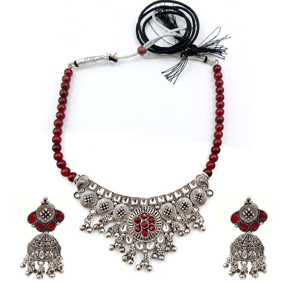 The99Jewel Oxidised Silver Choker Necklace Set with Red Beads & Jhumka Earrings