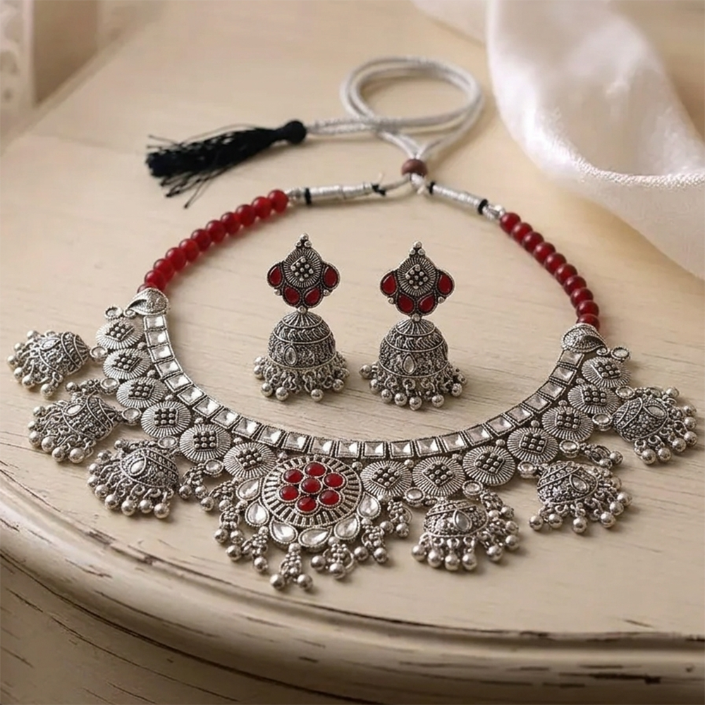 The99Jewel Oxidised Silver Choker Necklace Set with Red Beads & Jhumka Earrings