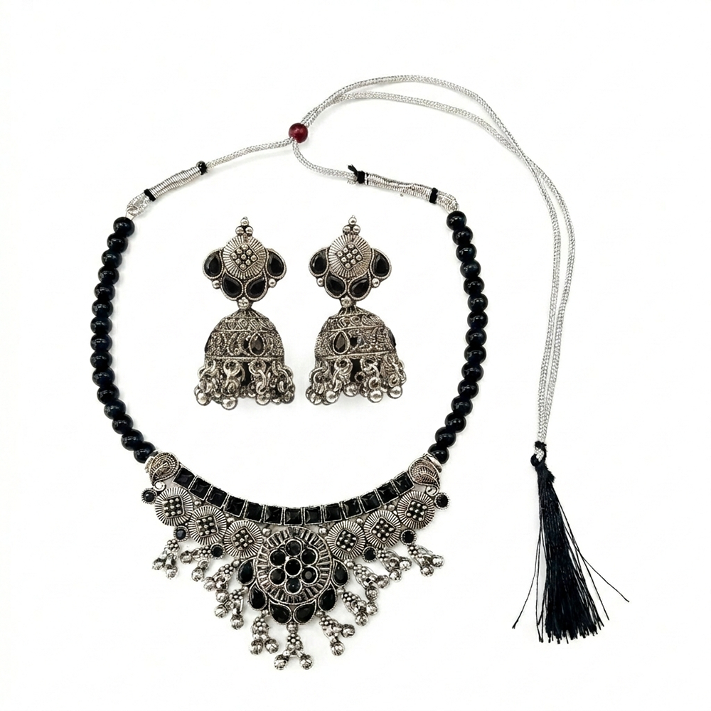 The99Jewel Oxidised Silver Stone Necklace Set with Jhumka Earrings for Women-1116601