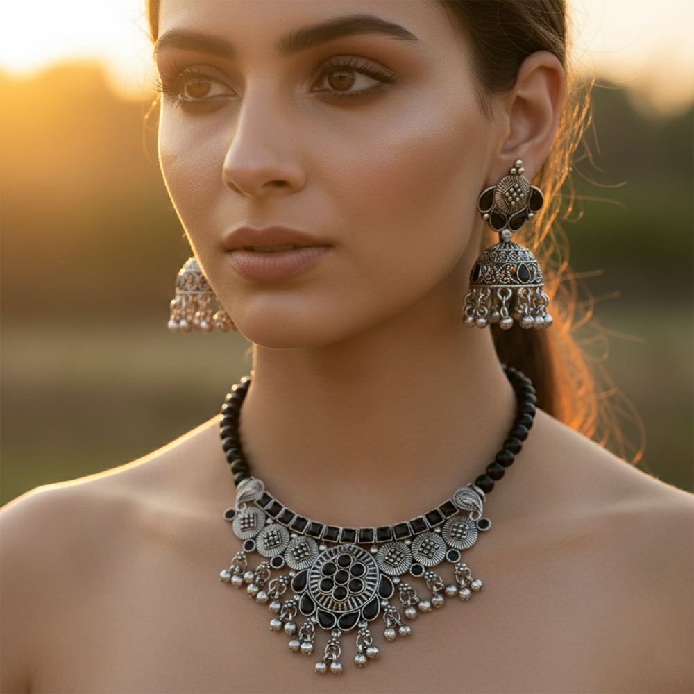 The99Jewel Oxidised Silver Stone Necklace Set with Jhumka Earrings for Women-1116601