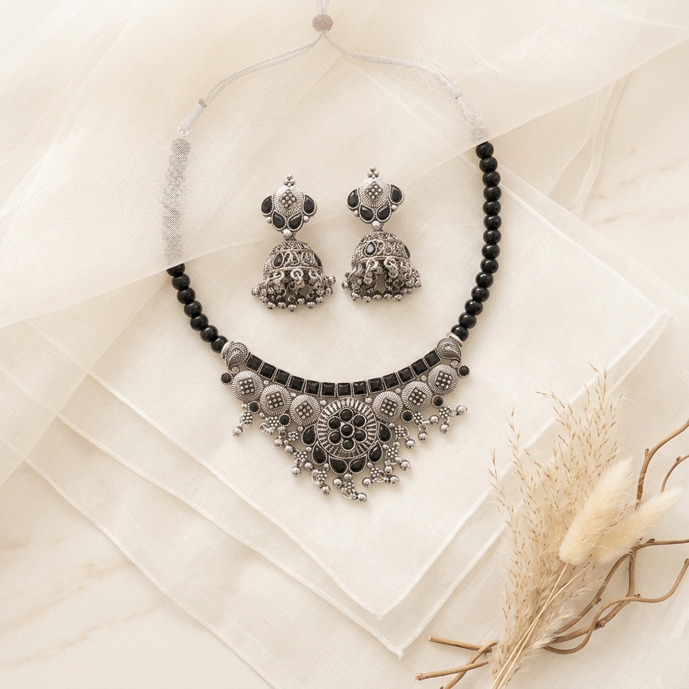 The99Jewel Oxidised Silver Stone Necklace Set with Jhumka Earrings for Women-1116601
