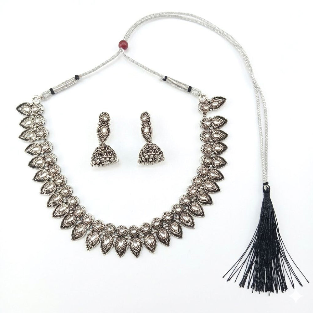 The99Jewel Oxidised Silver Stone Necklace Set with Jhumka Earrings for Women-1116602A