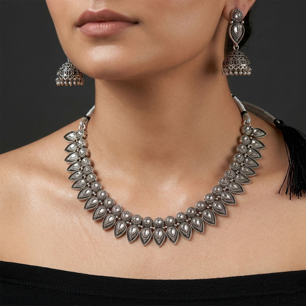 The99Jewel Oxidised Silver Stone Necklace Set with Jhumka Earrings for Women-1116602A